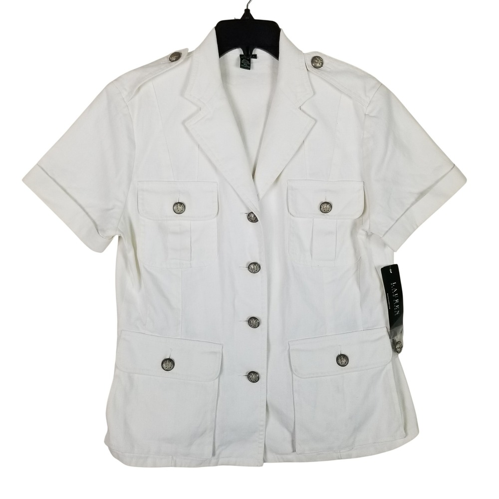Lauren‎ Ralph Lauren Safari Jacket Women L White Portrait II Linen Crest Button